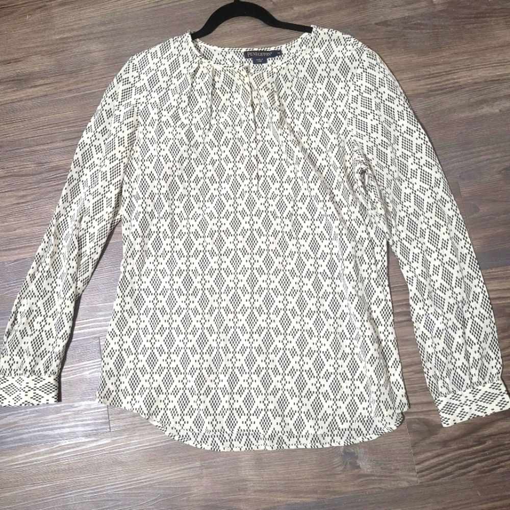 Pendleton Black & Cream Silk Blouse Size 12 Office Versatile for Any Occasion